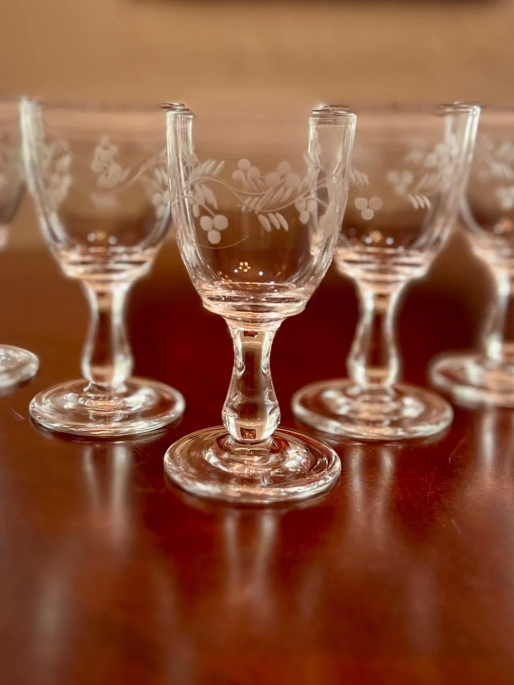 Vintage Etched Grapevine Cordial Liqueur Glasses, Set of 5